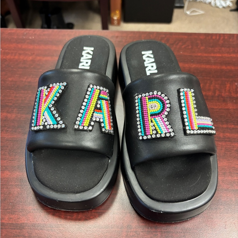 Karl Lagerfeld Black Slide Sandals with Colorful Beading